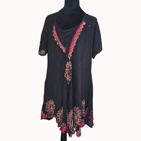 Bohemian Black Tunic Dress Red Embroidered Paisley Details Lace-Up Neckline - Picture 1 of 9